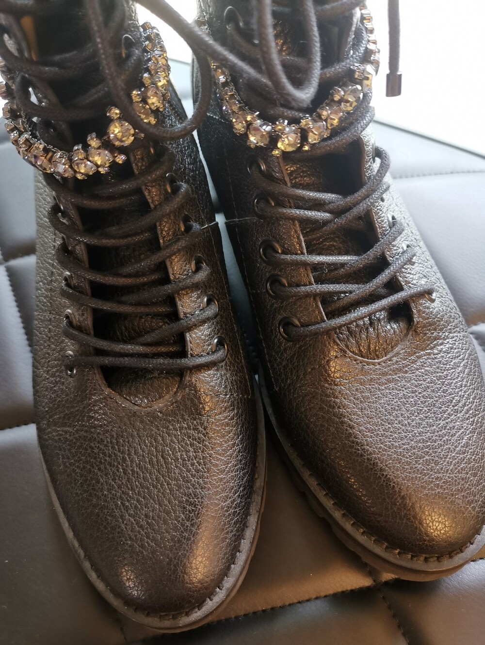 Jimmy Choo Black Grainy Leather Crystal Combat Boots Ankle Booties EU 37 US 7